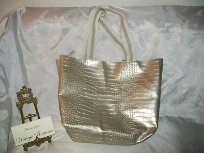 SAKS FIFTH AVENUE GOLD FAUX LEATHER PVC TOTE BAG NEWwot 17"Wide x 6"Deep x 12"H - Image 1 of 4