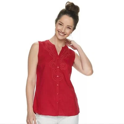 Dana Buchman Red Embroidered Front Linen Blend Sleeveless Blouse Size Medium - Image 1 of 4