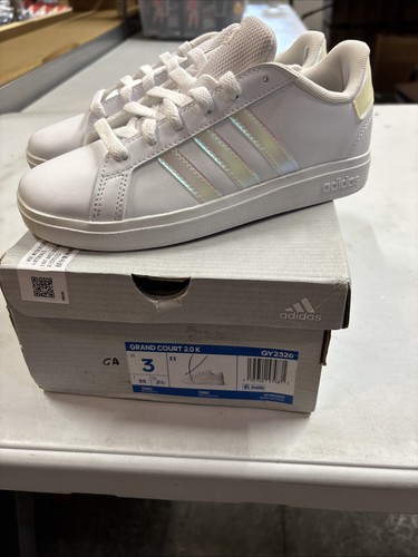 ? NUOVO Adidas Grand Court 2.0 Tennis Bianco Iridescente GY2326 Youth 3 ?