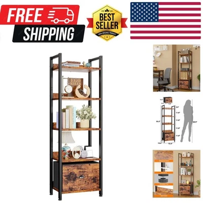 Librería de 5 niveles que ahorra espacio con cajón de tela - Organizador de estilo industrial Foto 1 de 4