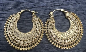 Gold Over Sterling Silver Roman Revival Ornate Hoops Italy 1.4" - Picture 1 of 6