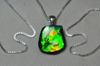 Collar Ammolita Verde Amarillo Colgante Plata Esterlina Genuino Natural Real F281 Foto 1 de 2