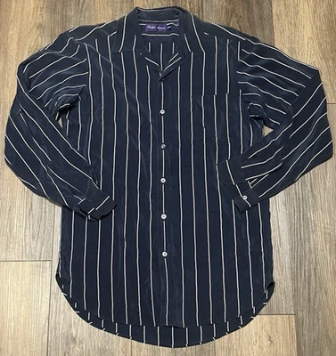 Ralph Lauren Purple Label Italian Silk Button Up Shirt Men's M Navy White Stripe - Image 1 of 4