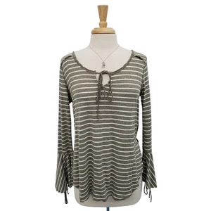 Umgee M Green White Striped Bell Sleeve Boho Tie Front Peasant Top Cottagecore - Picture 1 of 15