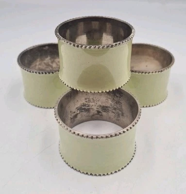 Juego de 4 servilleteros redondos con borde festoneado esmaltado verde en placa de plata vintage Foto 1 de 4