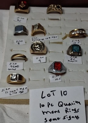10шт винтажные ювелирные изделия мужские кольца стразы размеры 8,5 до 12,5 масонский 14Kt 18KT HGE - Изображение 1 из 4