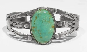 BIG RARE OLD Pawn 30s Navajo Cerrillos Turquoise 925 Silver Cuff Bracelet 6 1/4" - Picture 1 of 7