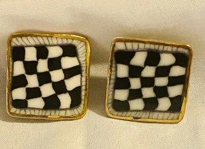 Square Ceramic Enamel Abstract Wiggly Checker Board W/Gold Trim(clip on) 1” Sqr - Picture 1 of 8