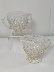 Vtg Anchor Hocking Moonstone White Opalescent Hobnail Cream Sugar Set - Picture 1 of 11