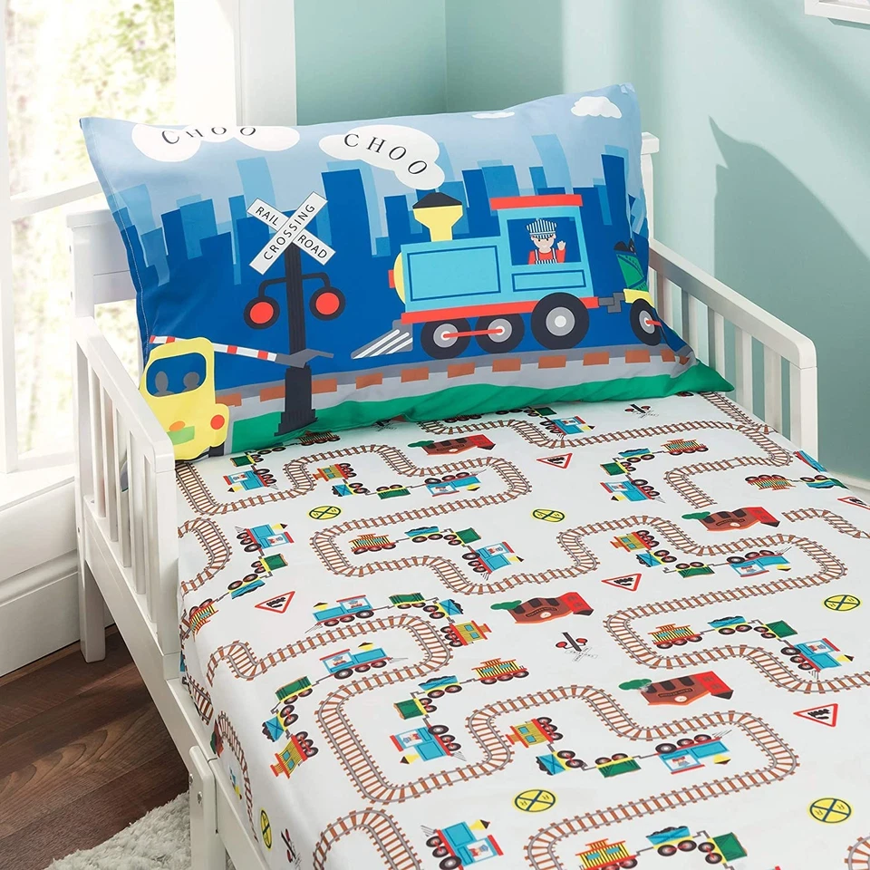 EVERYDAY KIDS Toddler Fitted Sheet and Pillowcase Set -Choo 2 Piece Train