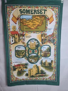 100% Cotton Made in Britain Somerset Landmarks and Castles Hunter Green,VINTAGE - Picture 1 of 8