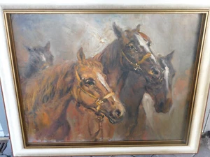 Naturalistisches Ölgemälde 4 Pferde Pferdekopf signiert - KEIN VERSAND - - Bild 1 von 3