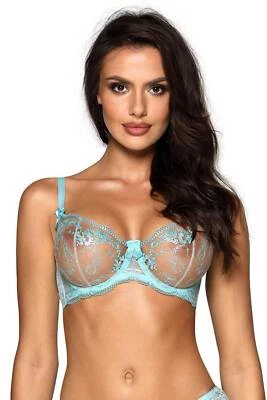 Designer Axami Mia Sheer Unlined Bra Underwire Lift Balconette Shimmer Aqua Blue - Image 1 of 4