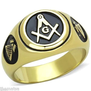 MENS MASONIC MASON BLACK GOLD STAINLESS STEEL RING SIZE 8 9 10 11 12 13 14 - Picture 1 of 2