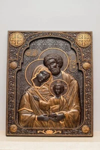 HOLY FAMILY WOOD CARVED CHRISTIAN ICON RELIGIOUS WALL HANGING ART WORK - Picture 1 of 17