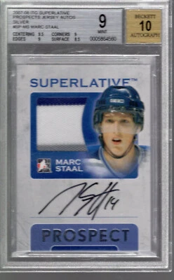 2007-08 ITG Superlative Prospect Jersey Silver Auto Rangers /50 Marc Staal BGS 9 - Image 1 of 2