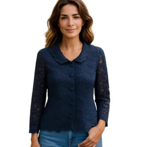 Chaqueta Blazer Talbots Mujer Talla 12 Negra Encaje Floral Superposición Botón De Colección - Imagen 1 de 11