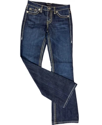 DAVID KAHN MUJER DESGASTADO AZUL ACAMPANADO JEANS CORTE #1554 TALLA 27 L 32,5 HECHO EN EE. UU. Foto 1 de 4