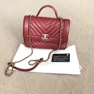 Chanel Top Handle lamb skin chevron style Small flap crossbody bag Red $6499 - Picture 1 of 12
