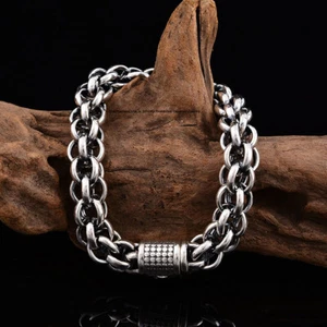 Brazalete de eslabones de palanca múltiple de 14 mm cadena de plata esterlina pura S925 57-58 g 8,67 pulgadas - Imagen 1 de 3