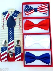 PATRIOTIC AMERICAN Flag Suspender Bow Tie Baby Toddler Kids Child US SELLER - Picture 1 of 9