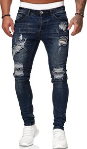 HUNGSON Men's Blue Slim Fit Jeans Stretch Destroyed Ripped Skinny Jeans Side Str - Picture 1 of 14