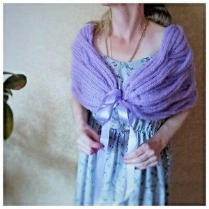 Poncho de punto mohair para mujer capa de boda elegante capa trenzas lila novia encogerse de hombros - Imagen 1 de 12