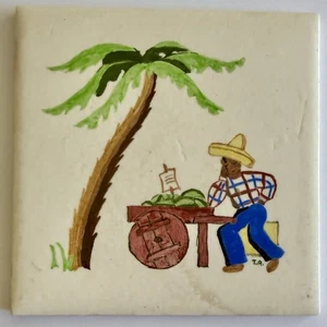 Vintage 1952 handbemalte Fliese/Arlington, VA/Palme/mexikanischer Obstständer/USA - Bild 1 von 2