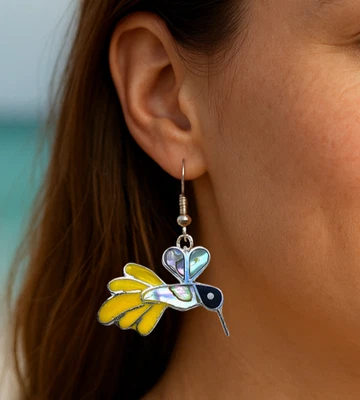 Hummingbird Earrings Abalone Shell Inlay Silver Plated Resin Handmade Mexico Foto 1 de 4
