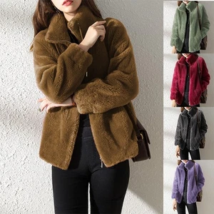 Damen Warm-Einfarbiger Fleece-Mantel mit Reißverschluss und Stehkragen als Jacke - Bild 1 von 14