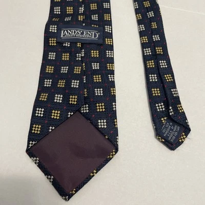 Corbata de seda Lands' End. Azul. Cuadrados geométricos dorados. USA 3.5" W Foto 1 de 4