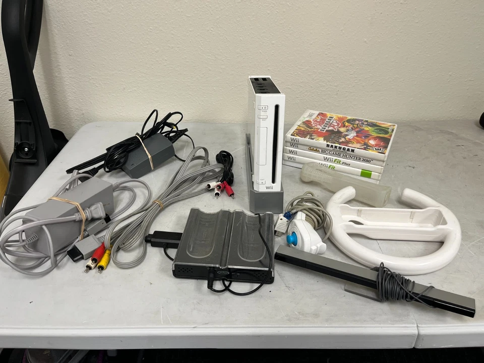 Nintendo Wii Console Bundle Games Controllers Cables Wheel Wii Fit - Image 1 of 4