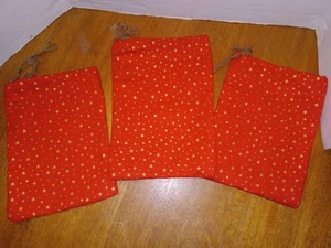 SET OF 3 GOLD STARS HANDMADE CHRISTMAS PACKAGE GIFT BAGS W DRAWSTRINGS - Picture 1 of 4