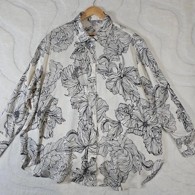 Camisa Blusa H&M Estampado Floral Mujer XL Marfil y Negra Manga Larga De Gran Tamaño Foto 1 de 4