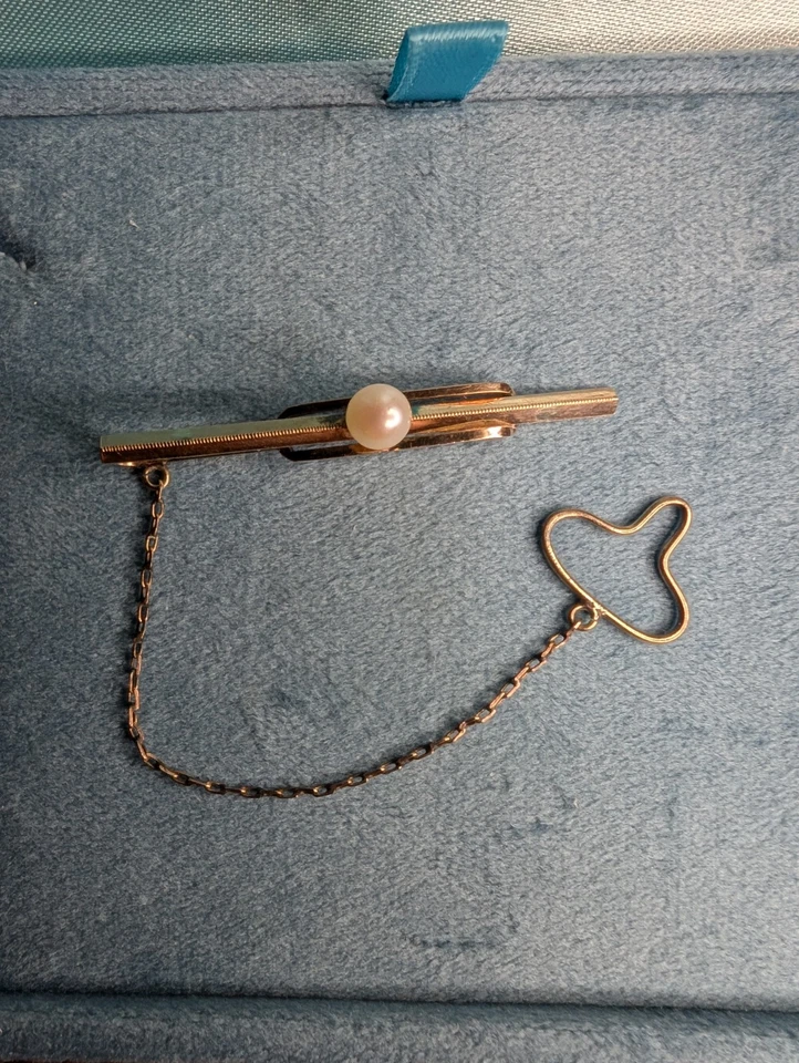 Barra de corbata antigua de oro amarillo de 10k de 2,3 g con perla y cadena de seguridad Foto 1 de 4