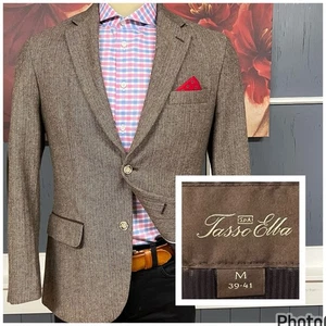 Tasso Elba Tweed Blazer Mens Sz Medium (39-41) Wool Blend Herringbone Tan Jacket - Picture 1 of 12