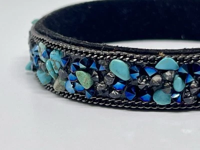 Turquoise Gemstone Silver Sparkly Black Suede Cuff Bracelet Artisan Snap Adjust - Image 1 of 4