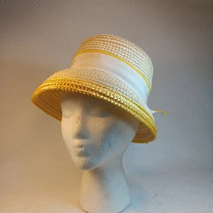 Vtg 40s Nanette Chapeau Straw Cloche Hat Yellow Grosgrain - Picture 1 of 6