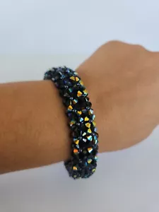 Black Crystal Seas Bead Black Yellow AB Aurora Borealis Chunky Bracelet EUC - Picture 1 of 17