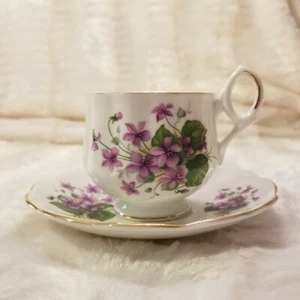 Royal Dover Teacup Saucer Bone China February Violets Gold Trim - Picture 1 of 8