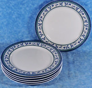 6 Pfaltzgraff ORLEANS Dinner Plates- Blue Vines, Green & Blue Bands-Thailand-EUC - Picture 1 of 4