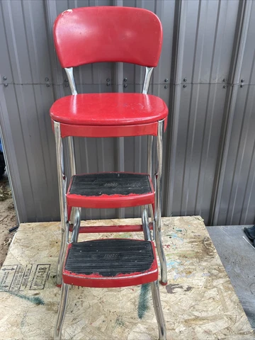 Vintage Red Cosco Chrome Kitchen Step Stool Farm Chair Plant Stand Vinyl WOW OW Cover