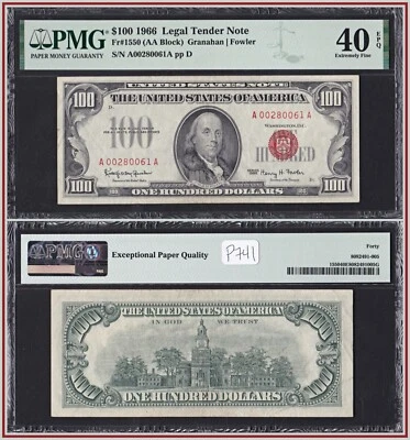 1966 United States $100 Legal Tender Note PMG 40 EPQ Extremely Fine Red Seal - Image 1 of 4
