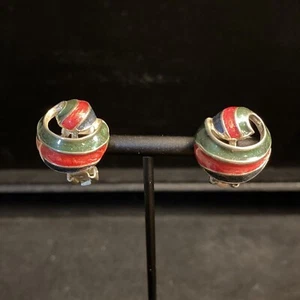 Orecchini Clip-On Vintage Bigiotteria Tono Oro Rosso Verde Smalto Giri - Foto 1 di 5