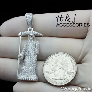 925 STERLING SILVER ICY BLING CZ SANTA MUERTE GRIM REAPER DEATH PENDANT*ASP342 - Picture 1 of 4