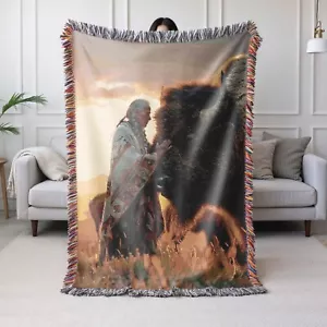 Native American Woven Blanket Throw Tapestry Bison Western Tribal Lodge Decor - Picture 1 of 16