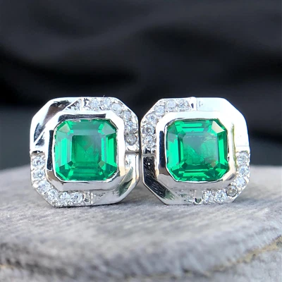 Camisa de hombre gemelos enchapados en oro amarillo de 14 quilates corte Asscher creado en laboratorio esmeralda Foto 1 de 4