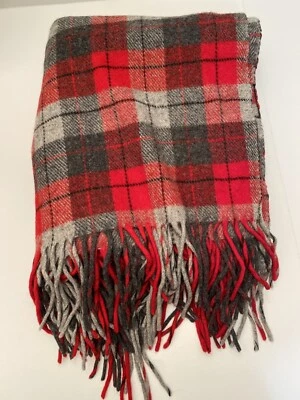 Vintage Pendleton 100% Virgin Wool Throw Blanket Red Gray Plaid Fringe 70” x 52” - Image 1 of 4