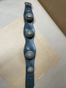 Green MBS Signed Brass Sleigh Bells Leather Belt Christmas Decor Ornament - Y3 - Picture 1 of 22