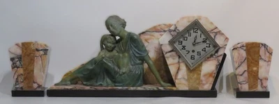 Art Deco Marble Mantle/Piano Clock w/ Brass Figurine & 2 W/ Garniture Pair - Image 1 of 4